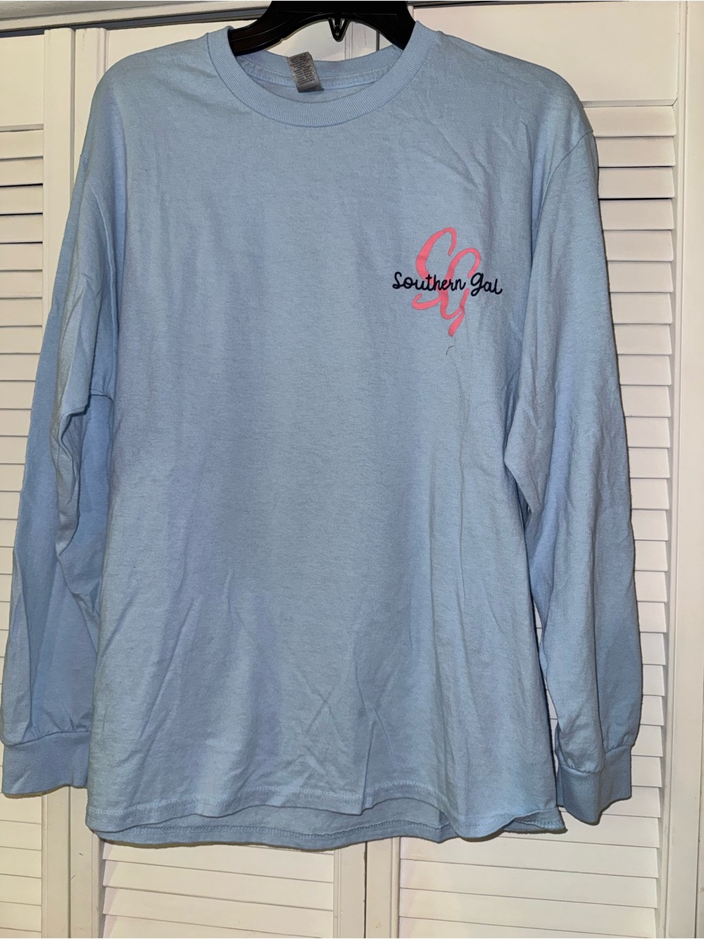 Gildan Light Blue Long Sleeve Tee with Pink Chest Logo